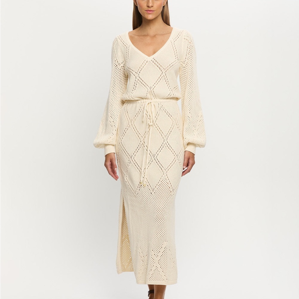 Kivari Samara Knit‎ Dress Cream Maxi Side Slits Women's Size 6 EUC